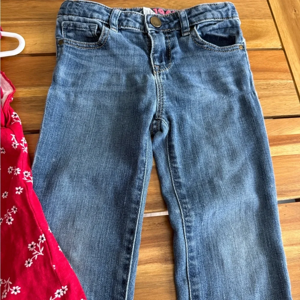 Girls Red Floral Tank Top and Blue Jeans Set